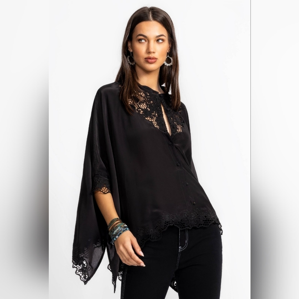 Johnny Was Katia Oversized Boho Blouse, Black With Lace, NWT, Small/Medium